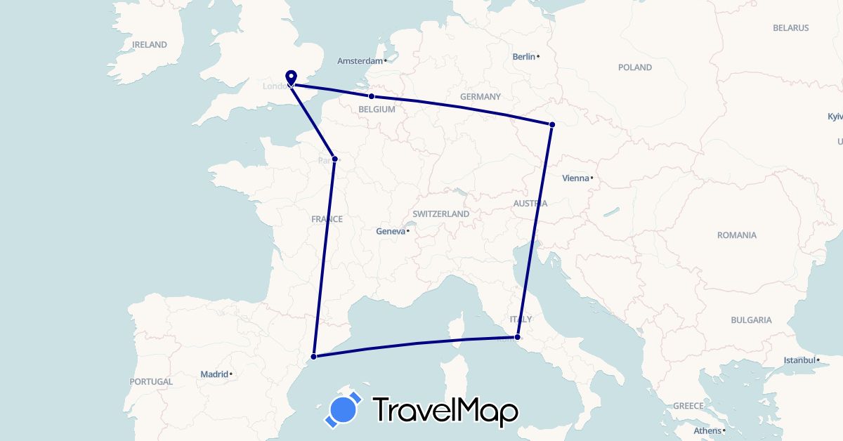 TravelMap itinerary: driving in Belgium, Czech Republic, Spain, France, United Kingdom, Italy (Europe)